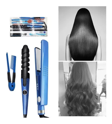 COMBO 3 EN 1 NANO TITANIUM PLANCHA CABELLO RIZADOS PEINE 450 F