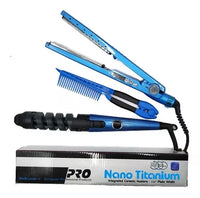 COMBO 3 EN 1 NANO TITANIUM PLANCHA CABELLO RIZADOS PEINE 450 F